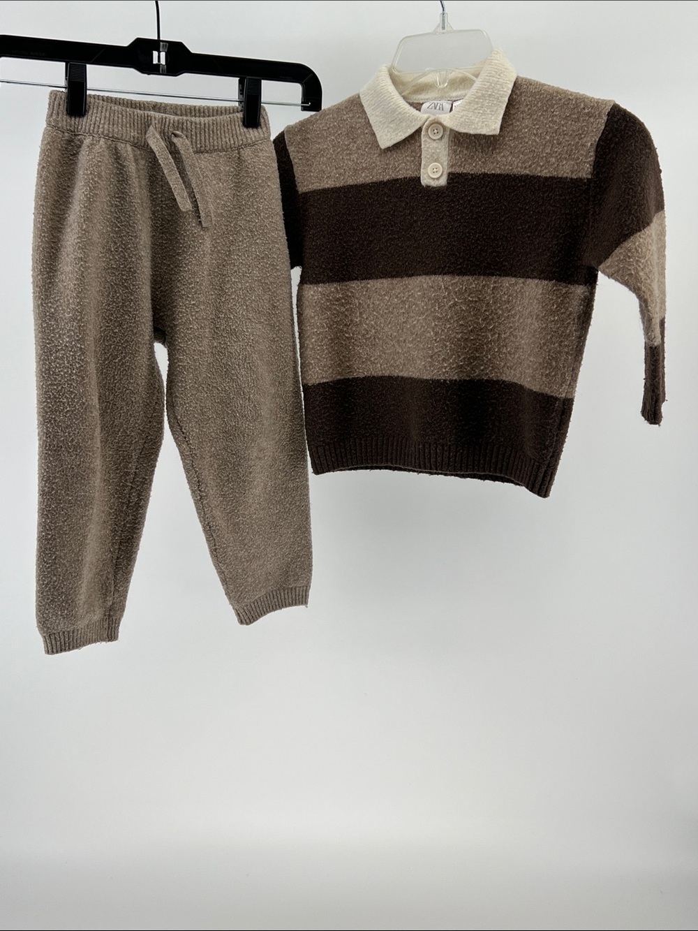 Zara Kids striped knit polo sweater and matching jogger pants set tan/brown